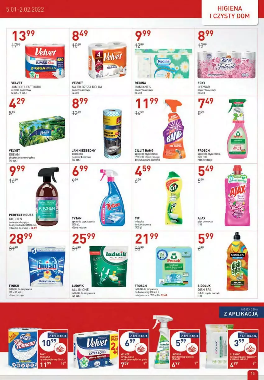 Gazetka promocyjna Drogerie Jawa - ważna 05.01 do 02.02.2022 - strona 15 - produkty: Ajax, Cif, Cillit Bang, Fa, Finish, Foxy, Frosch, Gin, LANA, Ludwik, Papier, Papier toaletowy, Płyn do mycia, Rum, Sidolux, Tablet, Tytan, Velvet