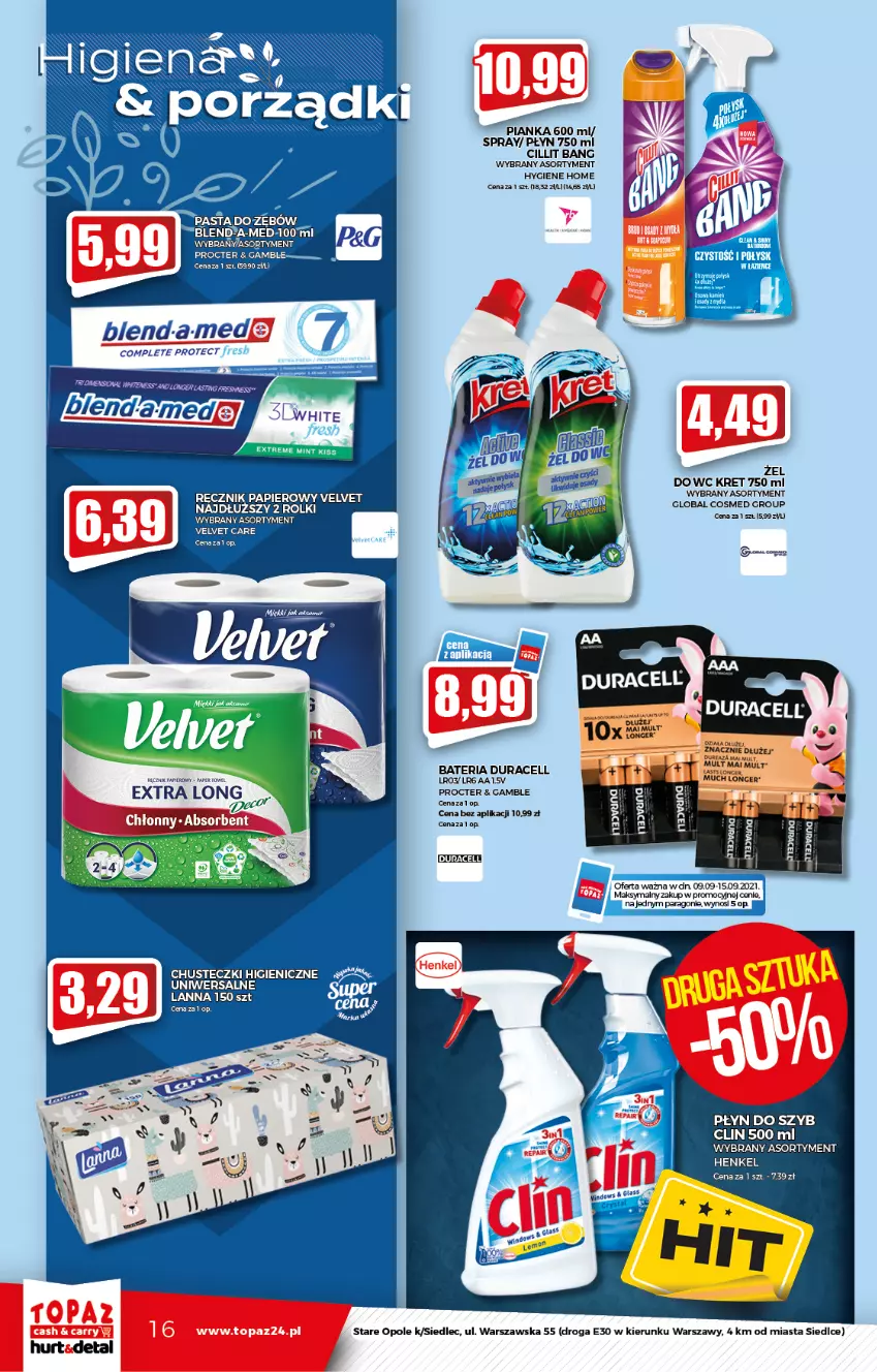 Gazetka promocyjna Topaz - Gazetka - ważna 09.09 do 15.09.2021 - strona 16 - produkty: Bateria, Cillit Bang, Duracell, Kret, Papier, Płyn do szyb, Ręcznik, Rolki, Velvet