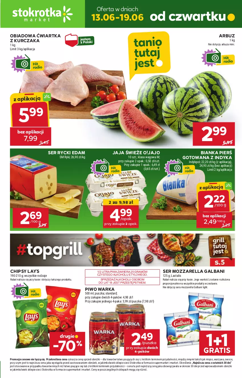 Gazetka promocyjna Stokrotka - Market - ważna 13.06 do 19.06.2024 - strona 1 - produkty: Arbuz, Bianka, Chipsy, Edam, Galbani, Gra, Jaja, Kurczak, Lay’s, Mięso, Mozzarella, Owoce, Piwa, Piwo, Por, Rycki Edam, Ser, Warka, Warzywa