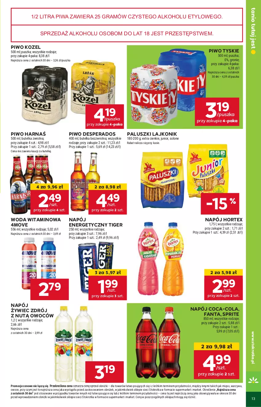 Gazetka promocyjna Stokrotka - Market - ważna 13.06 do 19.06.2024 - strona 15 - produkty: Coca-Cola, Desperados, Fa, Fanta, Gra, Harnaś, Hortex, Kozel, Lajkonik, Mięso, Napój, Napój energetyczny, Owoce, Piwa, Piwo, Sprite, Tiger, Tyskie, Warzywa, Woda