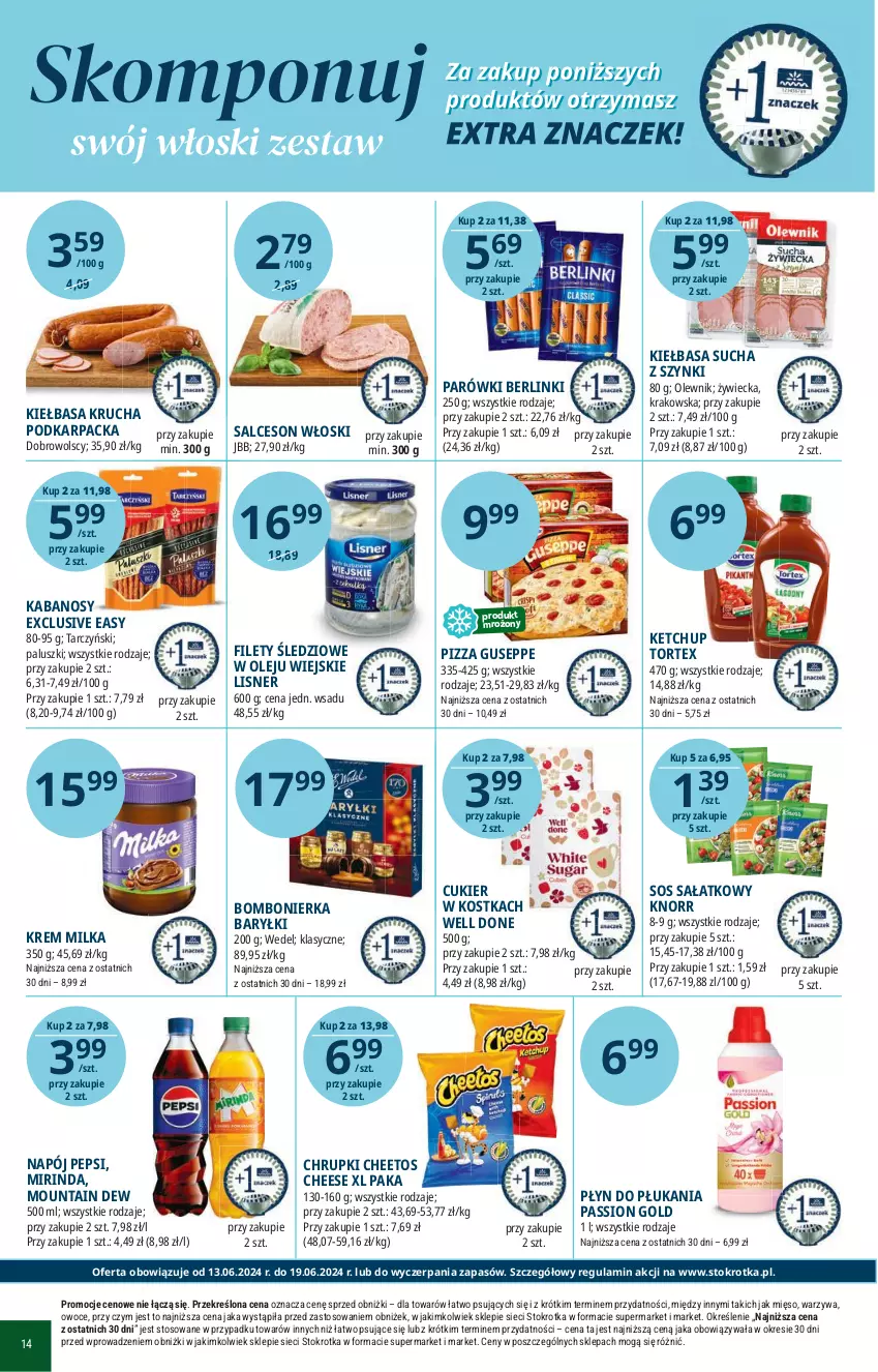 Gazetka promocyjna Stokrotka - Market - ważna 13.06 do 19.06.2024 - strona 16 - produkty: Baryłki, Berlinki, Cheetos, Chrupki, Cukier, Kabanos, Karp, Ketchup, Kiełbasa, Kiełbasa krucha, Knorr, Lisner, Mięso, Milka, Mirinda, Napój, Olej, Olewnik, Owoce, Parówki, Pepsi, Pizza, Płyn do płukania, Sałat, Salceson, Sos, Tarczyński, Warzywa