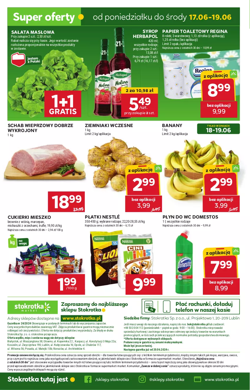 Gazetka promocyjna Stokrotka - Market - ważna 13.06 do 19.06.2024 - strona 19 - produkty: Banany, Brownie, Cukier, Cukierki, Domestos, Dres, Gin, Gra, Herbapol, JBL, Karp, Kosz, Masło, Mięso, Nestlé, O nas, Owoce, Papier, Papier toaletowy, Płyn do wc, Por, Sałat, Sałata masłowa, Schab wieprzowy, Ser, Syrop, Szal, Telefon, Wagi, Warzywa, Wilson, Ziemniaki