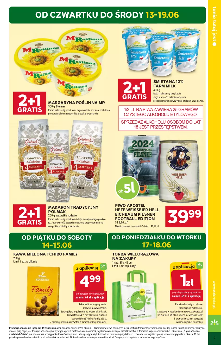 Gazetka promocyjna Stokrotka - Market - ważna 13.06 do 19.06.2024 - strona 3 - produkty: Fa, Farm Milk, Gra, Kawa, Kawa mielona, Makaron, Margaryna, Mięso, Olma, Owoce, Piwa, Piwo, Por, Rama, Tchibo, Tchibo Family, Torba, Tran, Warzywa