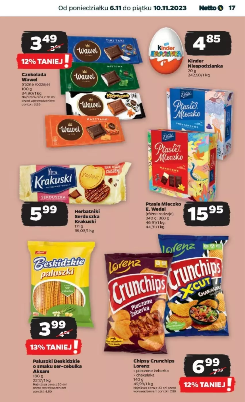 Gazetka promocyjna Netto - ważna 06.11 do 10.11.2023 - strona 9 - produkty: Aksam, Beskidzki, Chipsy, Crunchips, Czekolada, E. Wedel, Herbatniki, Kinder, Krakus, Krakuski, Lorenz, Mleczko, Piec, Ptasie mleczko, Ser, Wawel