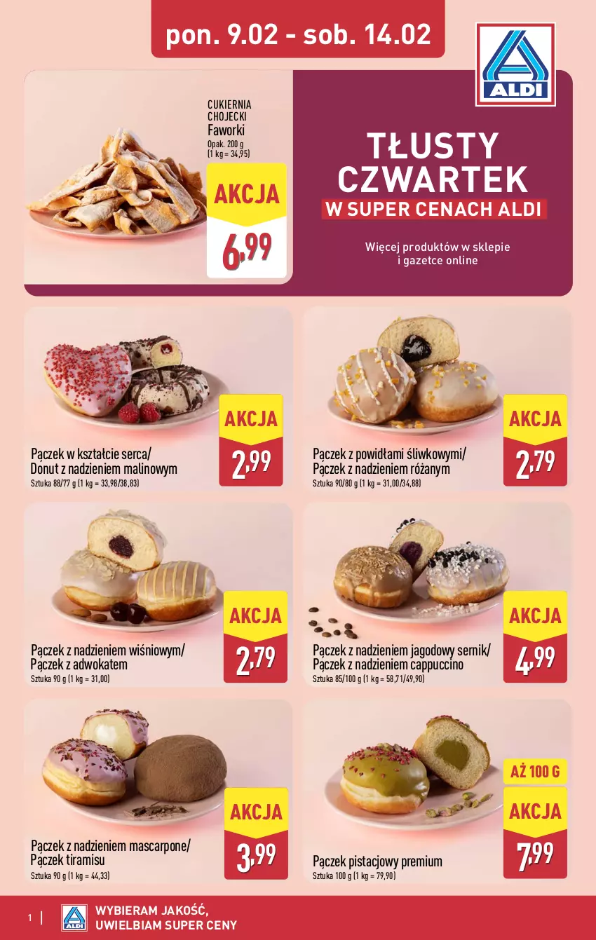 Gazetka promocyjna Aldi - Oferta na tłusty czwartek - ważna 09.02 do 14.02.2026 - strona 1 - produkty: Cappuccino, Cukier, Donut, Fa, Faworki, Mascarpone, Pączek, Róża, Ser