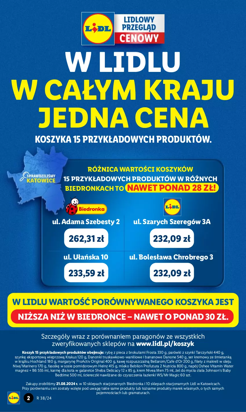 Gazetka promocyjna Lidl - GAZETKA - ważna 16.09 do 21.09.2024 - strona 2 - produkty: BEBILON, Bell, Bella, Danone, Danonki, Dron, Fa, Frosta, Gala, Gin, Gra, Heinz, Hochland, Kosz, Krakus, Magnez, Mleko, Mleko Bebilon, Napój, Nivea, Nivea Men, Olej, Oshee, Parówki, Parówki z szynki, Piec, Por, Rama, Ser, Sheba, Sos, Sport, Tarczyński