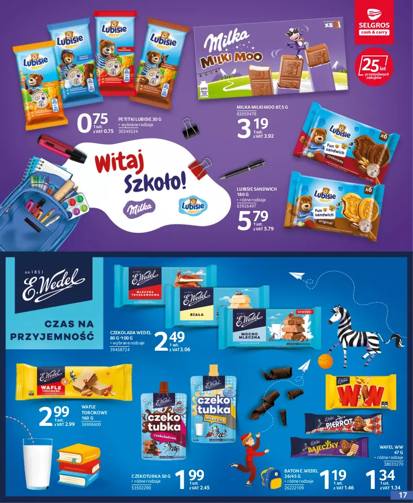 Gazetka promocyjna Selgros - Katalog Szkoła - ważna 21.07 do 09.10.2022 - strona 17 - produkty: Baton, Czekolada, Lubisie, Milka, Wafle