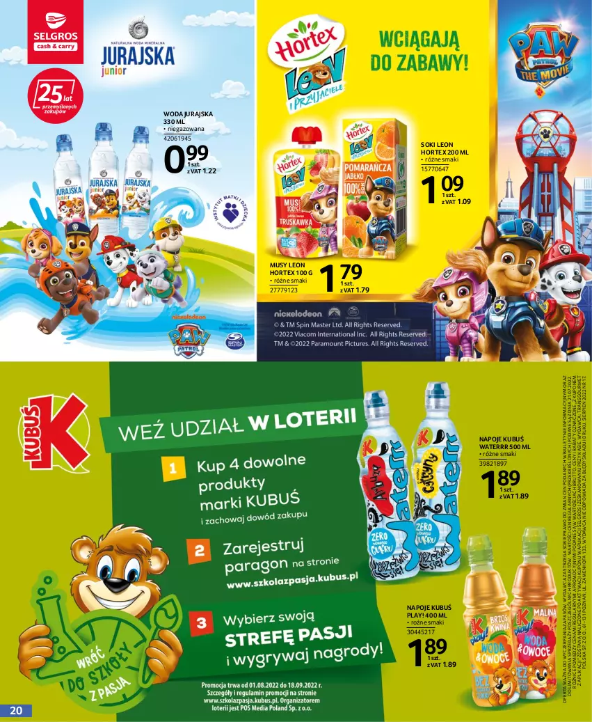 Gazetka promocyjna Selgros - Katalog Szkoła - ważna 21.07 do 09.10.2022 - strona 20 - produkty: Fa, Hortex, Kubuś, Kubuś Waterrr, Leon, LG, Mus, Napoje, Sok, Tran, Woda