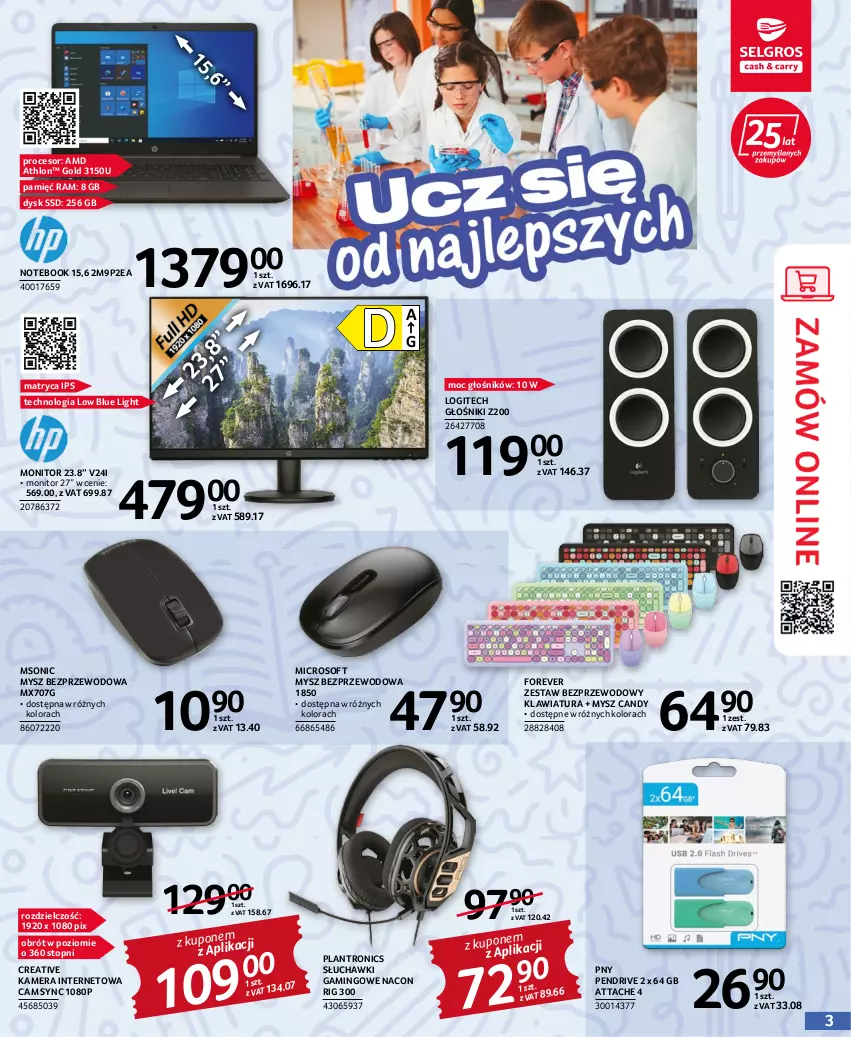 Gazetka promocyjna Selgros - Katalog Szkoła - ważna 21.07 do 09.10.2022 - strona 3 - produkty: Candy, Głośnik, Kamera, Kamera internetowa, Klawiatura, Logitech, Monitor, Mysz, Mysz bezprzewodowa, Notebook, Pendrive, Procesor, Słuchawki, Słuchawki gamingowe, Top