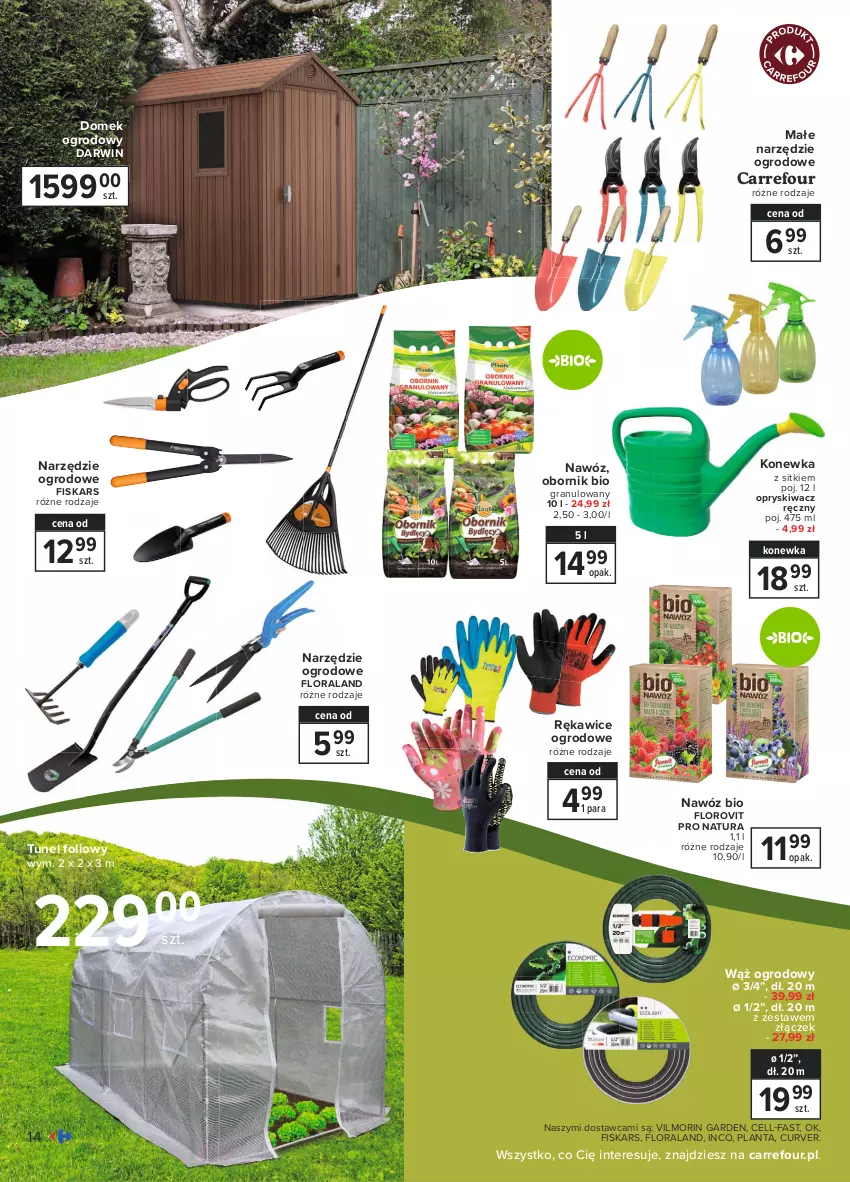 Gazetka promocyjna Carrefour - Gazetka Ogród - ważna 15.03 do 03.04.2021 - strona 14 - produkty: Fa, Fiskars, Flora, Gra, Konewka, Nawóz, Rękawice, Tunel