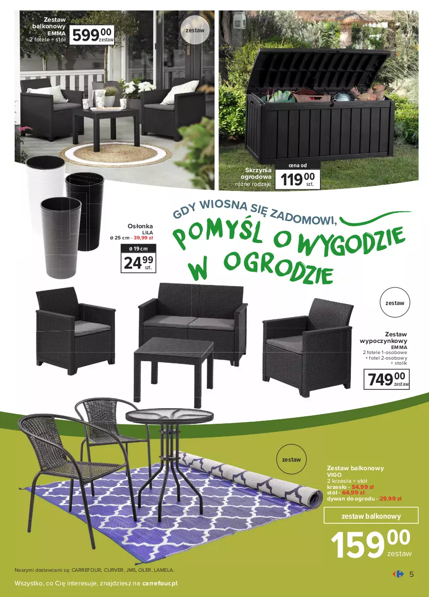 Gazetka promocyjna Carrefour - Gazetka Ogród - ważna 15.03 do 03.04.2021 - strona 5 - produkty: Dywan, Fotel, Krzesło, Osłonka, Stół, Stolik