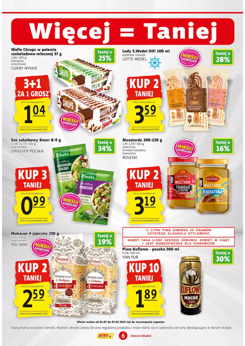 Gazetka promocyjna Prim Market - Gazetka - ważna 01.07 do 07.07.2021 - strona 6 - produkty: Fa, Gra, Kakao, Knorr, Lody, Makaron, Mus, Musztarda, Piec, Piwa, Piwo, Pur, Sałat, Sok, Sos, Wafle