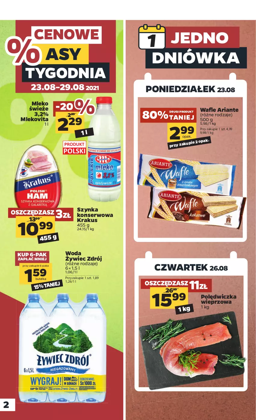 Gazetka promocyjna Netto - ważna 23.08 do 28.08.2021 - strona 2 - produkty: Krakus, Mleko, Mlekovita, Polędwiczka wieprzowa, Ser, Szynka, Szynka konserwowa, Wafle, Woda