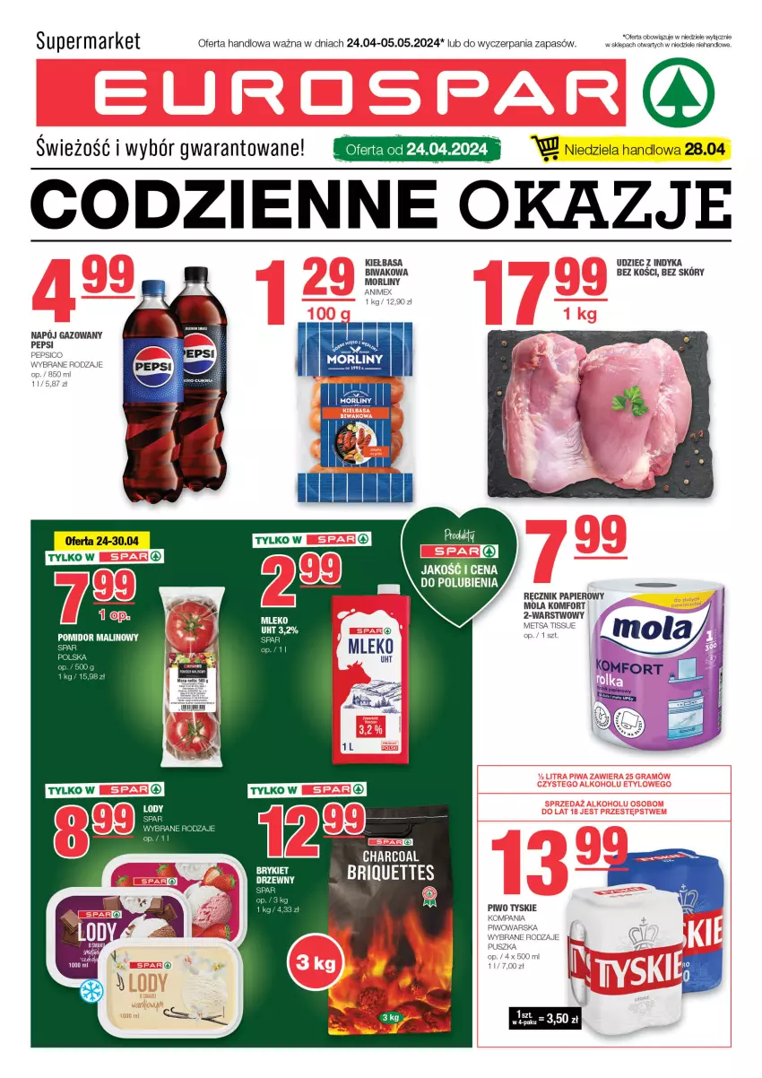 Gazetka promocyjna Spar - EuroSpar - ważna 21.04 do 01.05.2024 - strona 1 - produkty: Kiełbasa, Lody, Mola, Morliny, Napój, Napój gazowany, Papier, Pepsi, Piwo, Ręcznik, Tyskie, Udziec z indyka