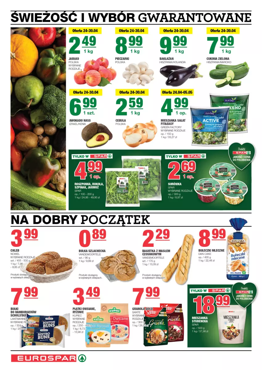 Gazetka promocyjna Spar - EuroSpar - ważna 21.04 do 01.05.2024 - strona 2 - produkty: Bagietka, Bułeczki, Bułeczki mleczne, Bułka, Burger, Cebula, Chleb, Dan Cake, Fa, Gra, Granola, Hamburger, Jarmuż, Kupiec, Mieszanka sałat, Piec, Płatki owsiane, Roszponka, Rukola, Ryż, Sałat, Sante, Surówka, Szpinak