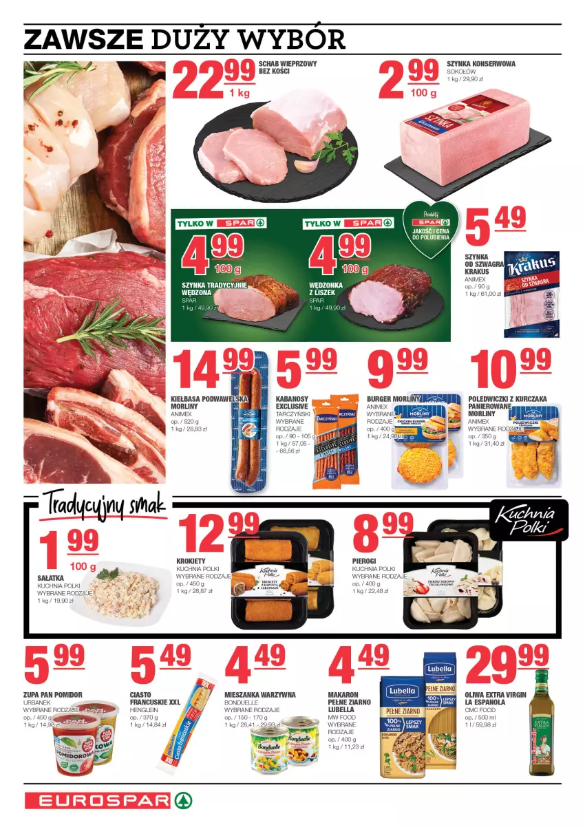 Gazetka promocyjna Spar - EuroSpar - ważna 21.04 do 01.05.2024 - strona 4 - produkty: Bell, Bella, Bonduelle, Burger, Fa, Gin, Gra, Kiełbasa, Krakus, Krokiety, Kuchnia, Kurczak, Lubella, Makaron, Mieszanka warzyw, Morliny, Pierogi, Sałat, Sałatka, Schab wieprzowy, Ser, Sok, Sokołów, Szynka, Szynka konserwowa, Zupa