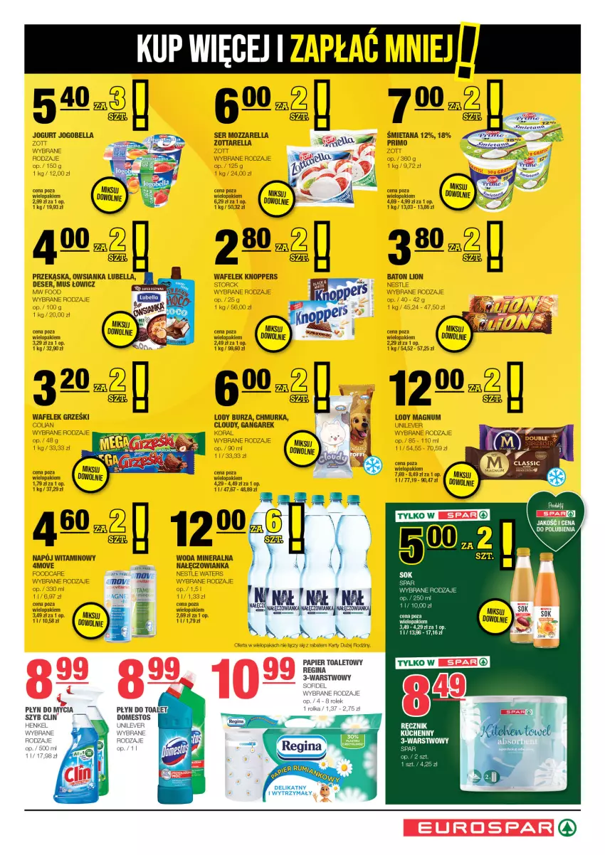 Gazetka promocyjna Spar - EuroSpar - ważna 21.04 do 01.05.2024 - strona 7 - produkty: Baton, Bell, Bella, Clin, Deser, Domestos, Feta, Gin, Grześki, Jogobella, Jogurt, Knoppers, Lion, Lody, Lubella, Mozzarella, Mus, Nałęczowianka, Napój, Owsianka, Papier, Papier toaletowy, Płyn do mycia, Ser, Wafelek, Woda, Woda mineralna, Zott, Zottarella