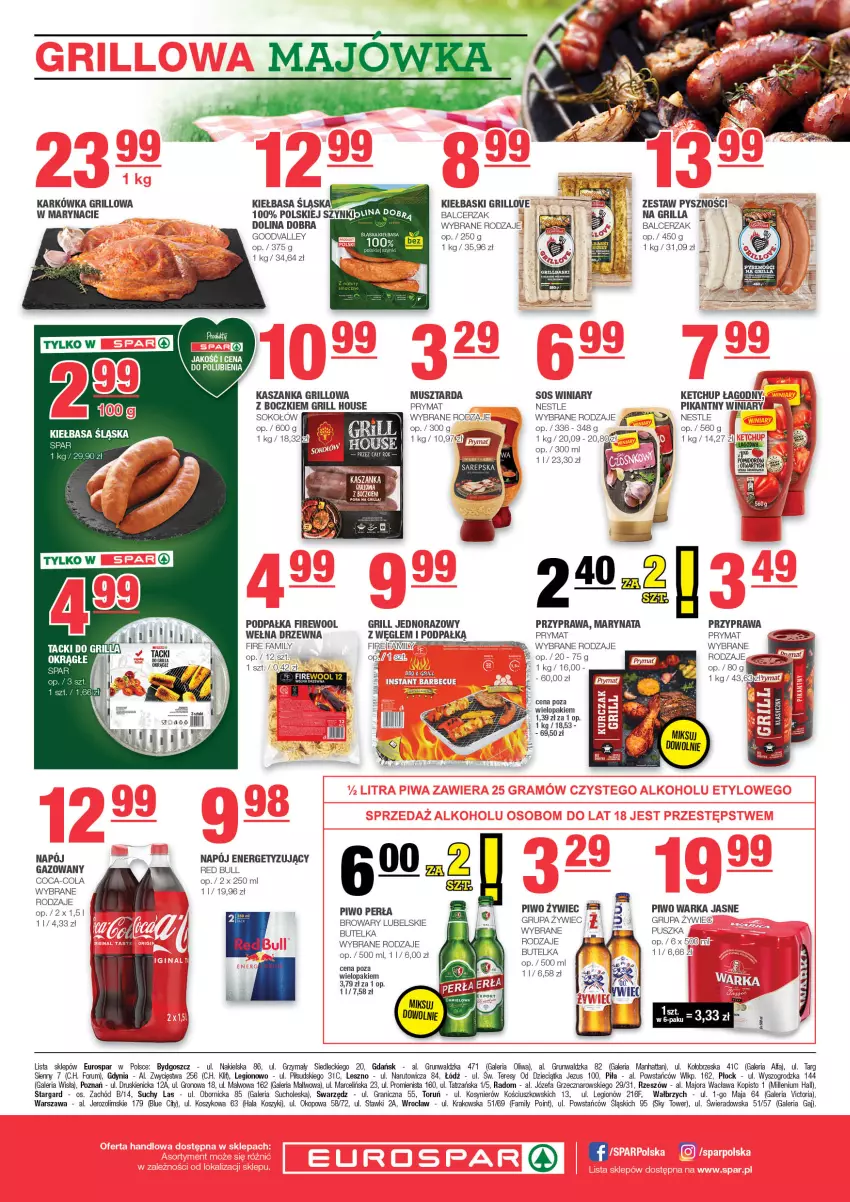 Gazetka promocyjna Spar - EuroSpar - ważna 21.04 do 01.05.2024 - strona 8 - produkty: Coca-Cola, Dzieci, Fa, Gra, Grill, Kasza, Kaszanka, Ketchup, Kiełbasa, Kiełbasa śląska, Kosz, Mus, Musztarda, Napój, Perła, Piwo, Prymat, Red Bull, Rum, Sok, Sokołów, Warka, Wełna, Winiary