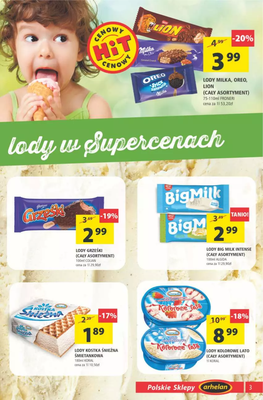 Gazetka promocyjna Arhelan - Gazetka - ważna 23.04 do 02.05.2021 - strona 3 - produkty: Algida, Big Milk, LG, Lion, Lody, Milka, Oreo