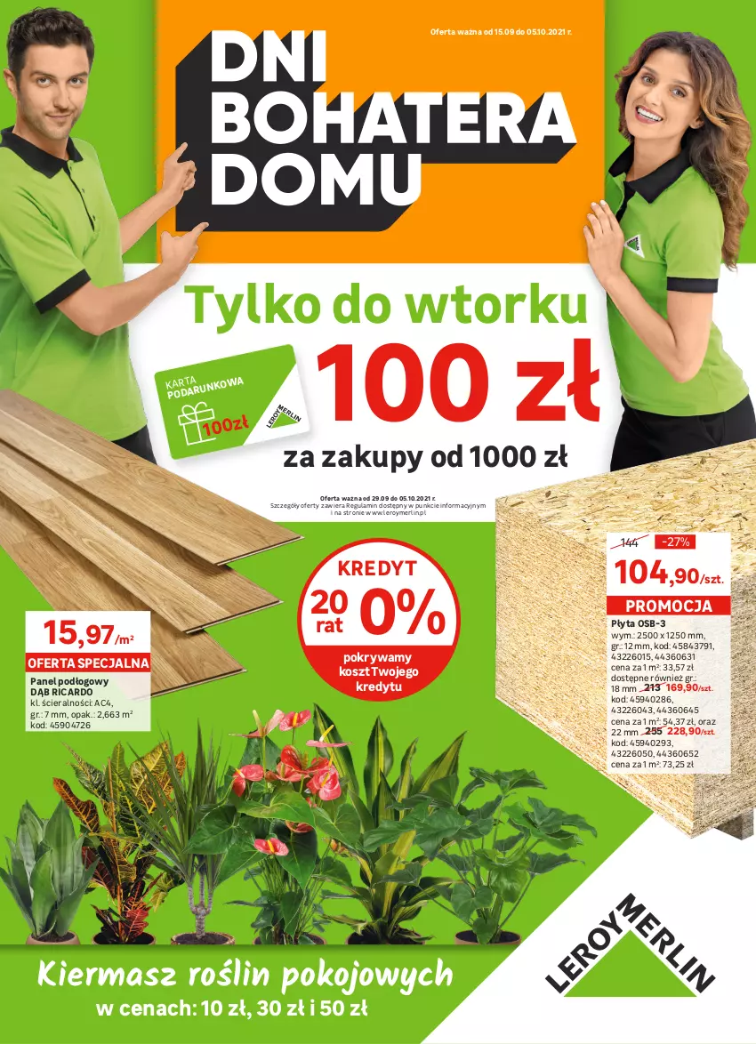 Gazetka promocyjna Leroy Merlin - Dni bohatera domu - ważna 15.09 do 05.10.2021 - strona 1 - produkty: Kosz, Panel podłogowy, Płyta, Płyta osb, Pokrywa