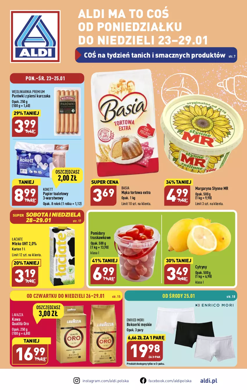 Gazetka promocyjna Aldi - Pełny katalog - ważna 23.01 do 29.01.2023 - strona 1 - produkty: Basia, Bokserki, Cytryny, Fa, Gra, Kawa, Kurczak, Lavazza, Mąka, Mąka tortowa, Margaryna, Mleko, Papier, Papier toaletowy, Parówki, Parówki z piersi kurczaka, Pomidory, Ser, Słynne