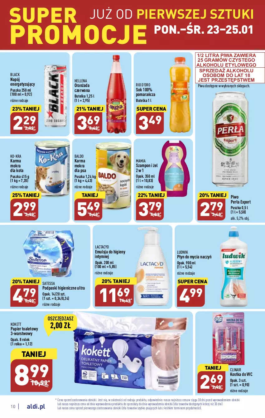 Gazetka promocyjna Aldi - Pełny katalog - ważna 23.01 do 29.01.2023 - strona 10 - produkty: Clin, Do mycia naczyń, Emulsja, Gra, Hellena, Kostka do wc, Lack, Lactacyd, Ludwik, Napój, Oranżada, Papier, Papier toaletowy, Perła, Piwa, Piwo, Płyn do mycia, Płyn do mycia naczyń, Podpaski, Por, Sok, Szampon