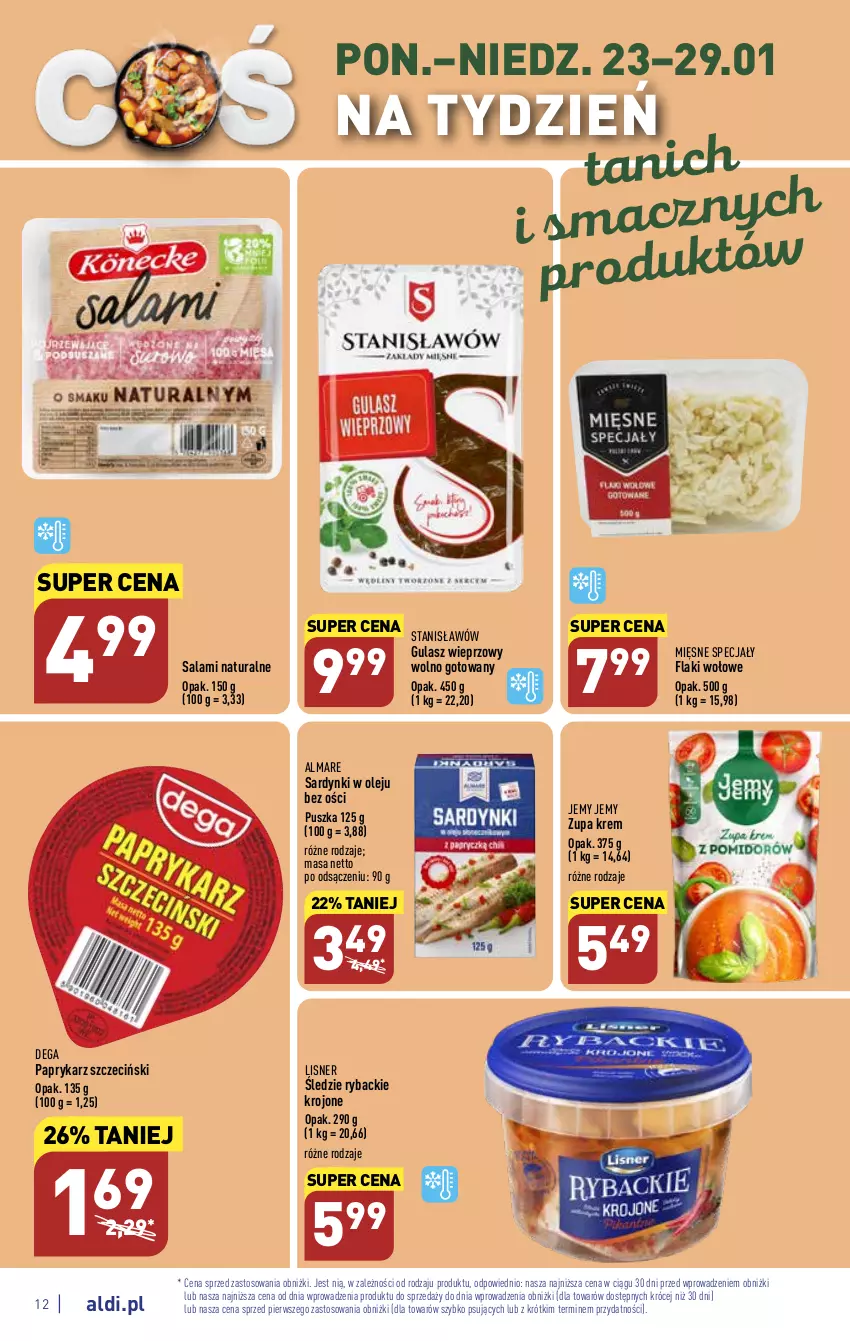 Gazetka promocyjna Aldi - Pełny katalog - ważna 23.01 do 29.01.2023 - strona 12 - produkty: Dega, Flaki, Flaki wołowe, Lisner, Mięsne specjały, Olej, Papryka, Paprykarz, Paprykarz szczeciński, Ryba, Salami, Sardynki, Zupa