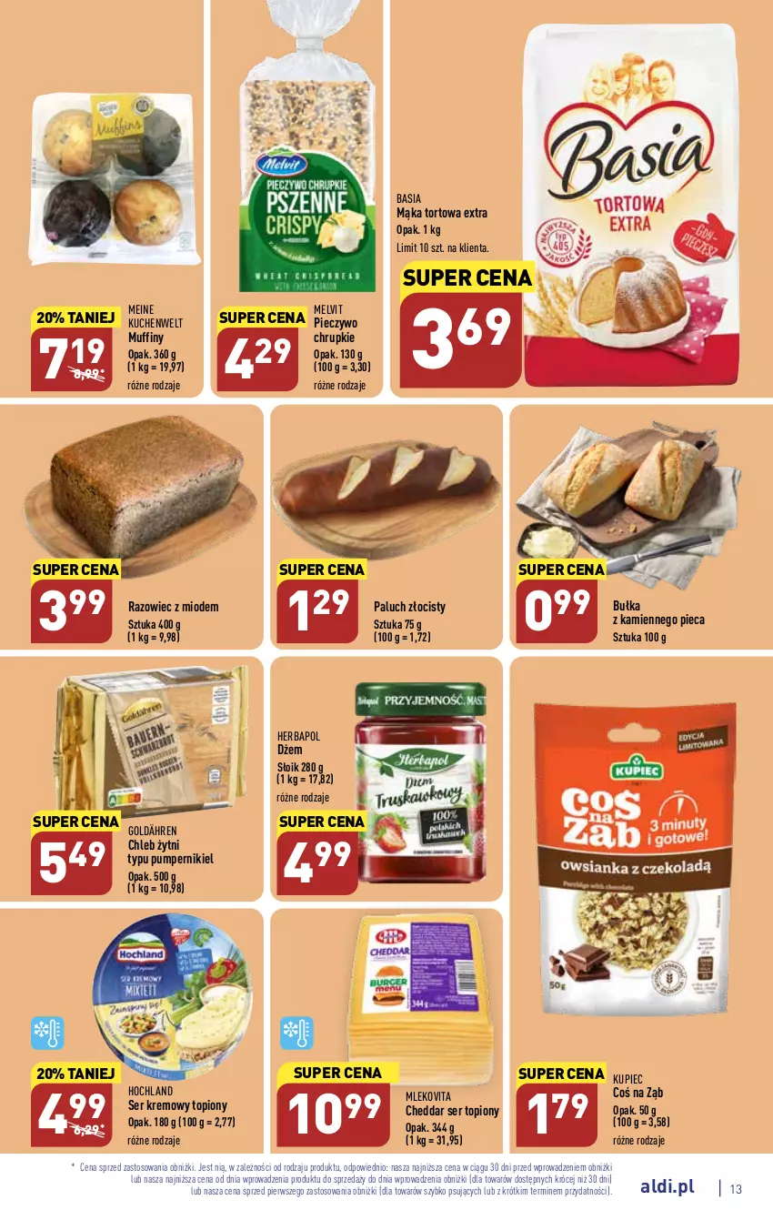 Gazetka promocyjna Aldi - Pełny katalog - ważna 23.01 do 29.01.2023 - strona 13 - produkty: Basia, Bułka, Cheddar, Chleb, Chrupki, Dżem, Herbapol, Hochland, Kupiec, Mąka, Mąka tortowa, Melvit, Mleko, Mlekovita, Muffiny, Piec, Pieczywo, Ser, Ser topiony, Top, Vita C