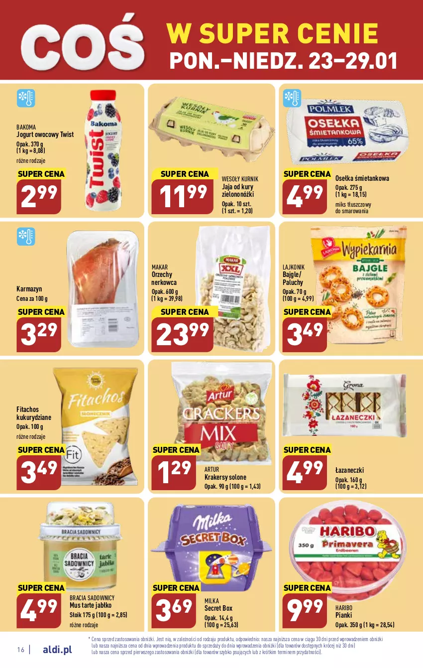 Gazetka promocyjna Aldi - Pełny katalog - ważna 23.01 do 29.01.2023 - strona 16 - produkty: Artur, Bajgle, Bakoma, Haribo, Jaja, Jogurt, Jogurt owocowy, Krakersy, Lajkonik, Miks tłuszczowy, Milka, Mus