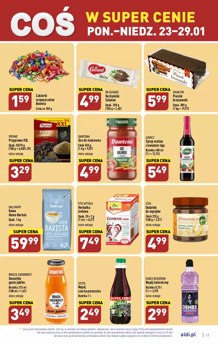 Gazetka promocyjna Aldi - Pełny katalog - ważna 23.01 do 29.01.2023 - strona 17 - produkty: Apteka, Cukier, Cukierki, Dallmayr, Dawtona, Dr Gerard, Gra, Herbatniki, Kawa, Makaron, Napój, Napój izotoniczny, Oshee, Piernik, Por, Prymat, Smoothie, Sos, Sos do makaronu, Syrop