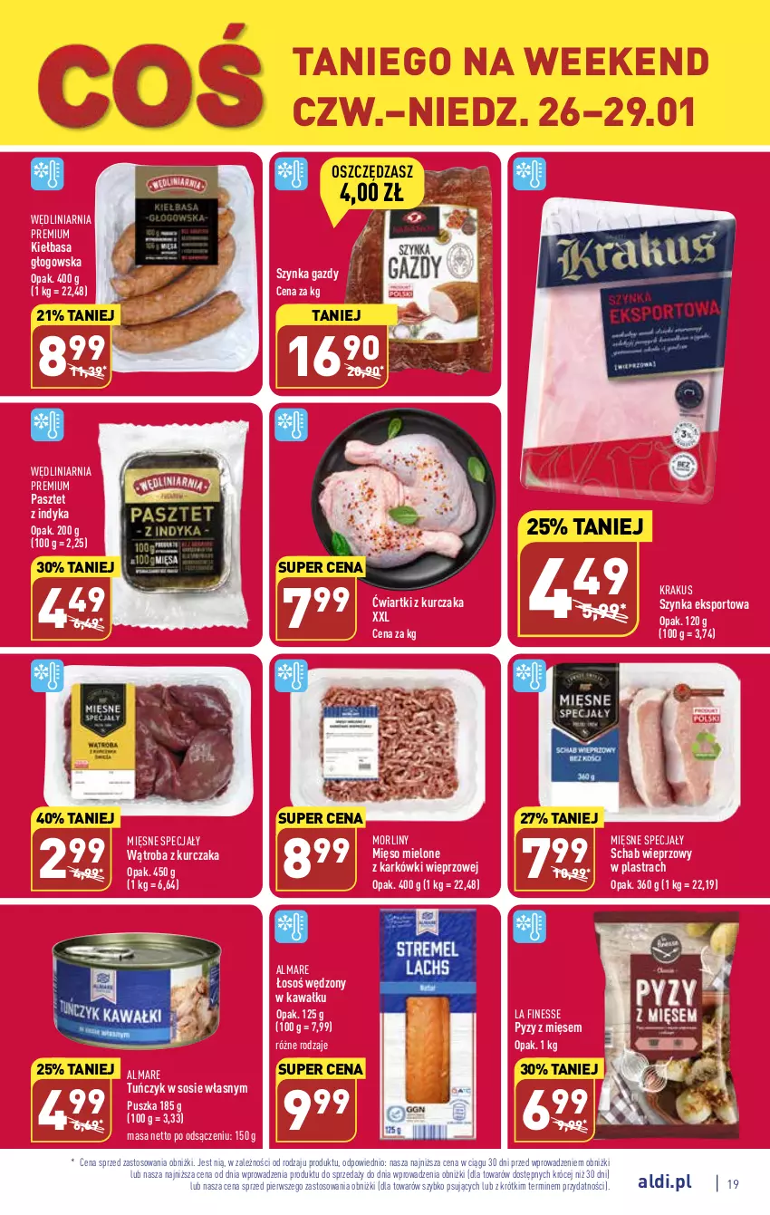 Gazetka promocyjna Aldi - Pełny katalog - ważna 23.01 do 29.01.2023 - strona 19 - produkty: Kawa, Kiełbasa, Kiełbasa głogowska, Krakus, Kurczak, Mięsne specjały, Mięso, Mięso mielone, Morliny, Pasztet, Pasztet z indyka, Por, Schab wieprzowy, Sos, Sport, Szynka, Tuńczyk