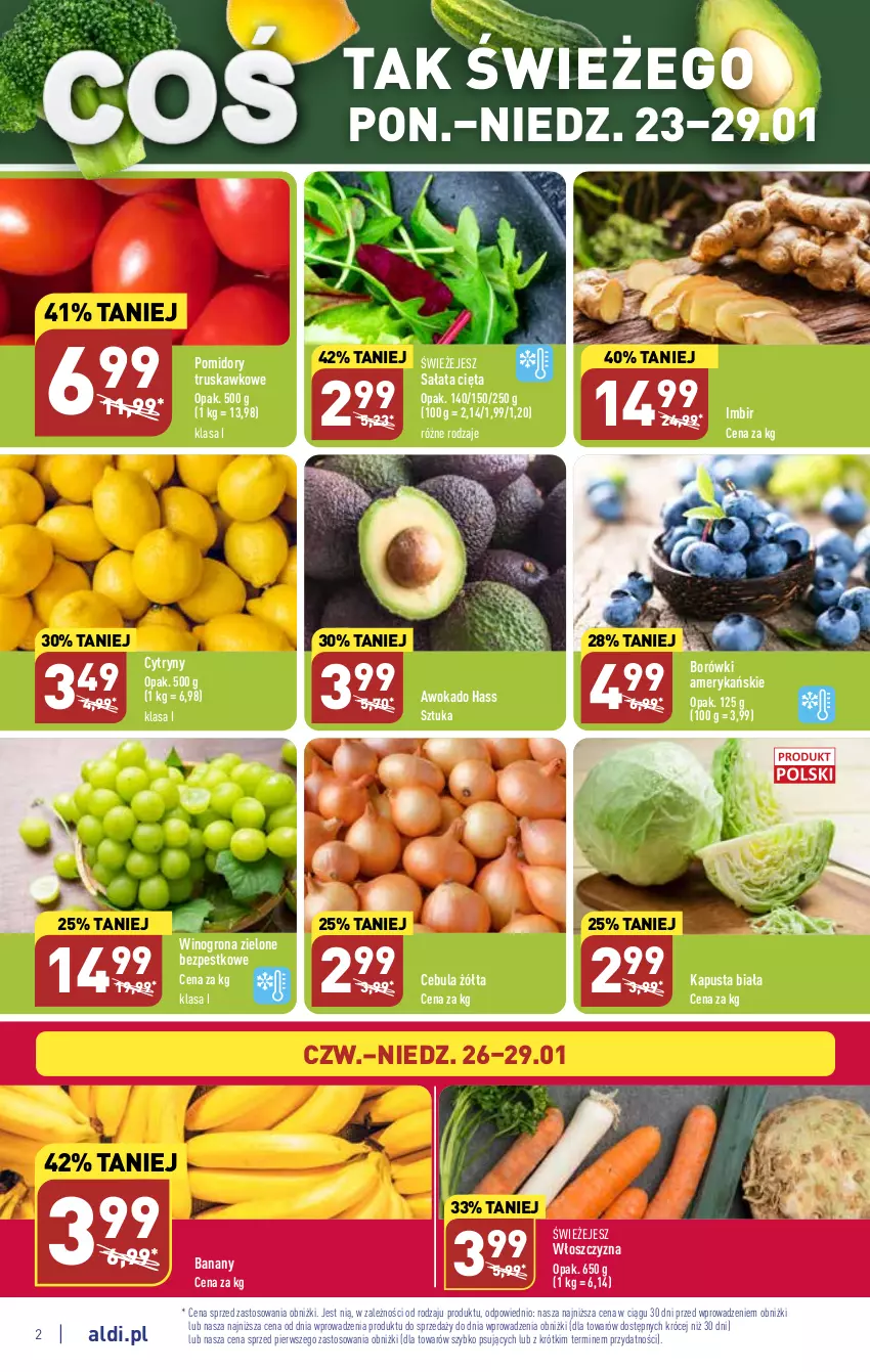 Gazetka promocyjna Aldi - Pełny katalog - ważna 23.01 do 29.01.2023 - strona 2 - produkty: Banany, Cebula, Cytryny, Imbir, Pomidory, Sałat, Wino, Winogrona