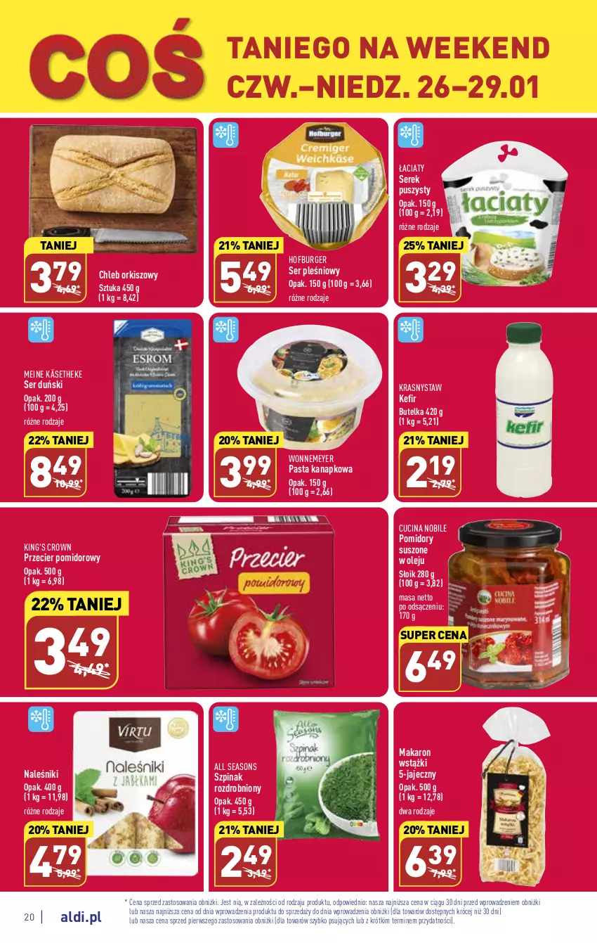 Gazetka promocyjna Aldi - Pełny katalog - ważna 23.01 do 29.01.2023 - strona 20 - produkty: All Seasons, Burger, Chleb, Hofburger, Kefir, Makaron, Naleśniki, Olej, Pomidory, Ser, Ser pleśniowy, Serek, Serek puszysty, Szpinak