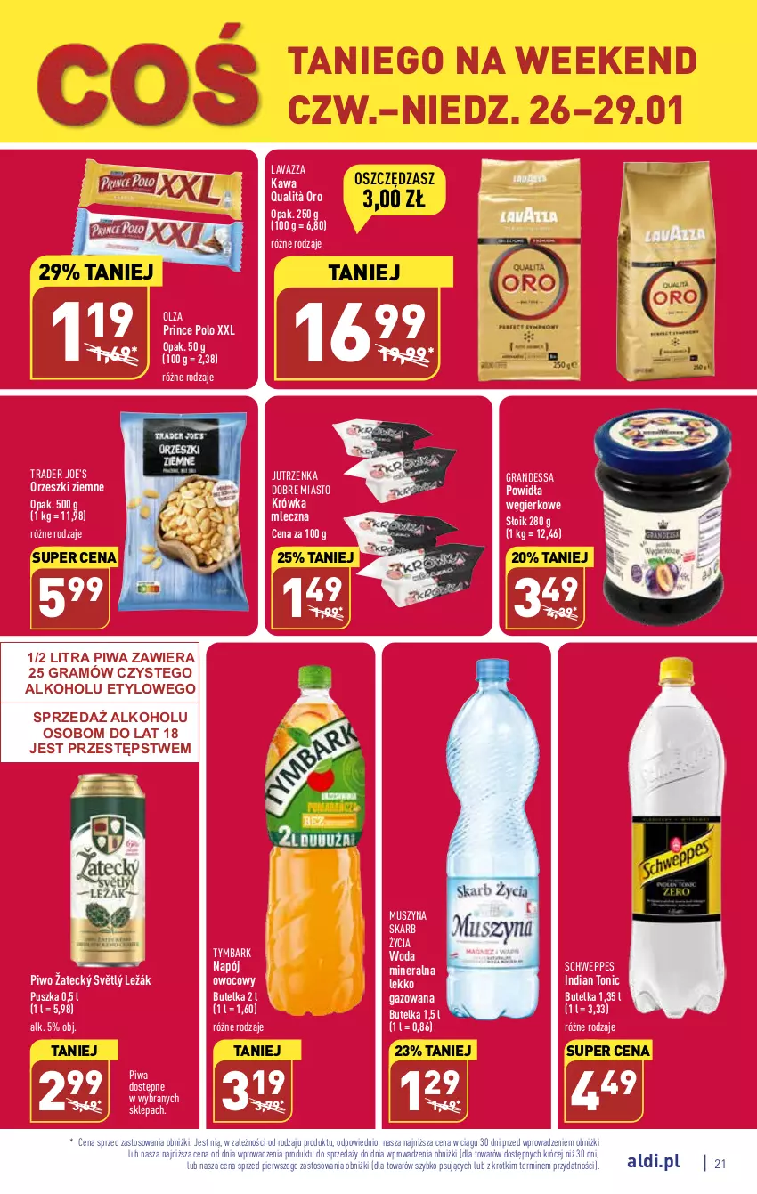 Gazetka promocyjna Aldi - Pełny katalog - ważna 23.01 do 29.01.2023 - strona 21 - produkty: Gra, Jutrzenka, Kawa, Lavazza, Mus, Napój, Orzeszki, Orzeszki ziemne, Piwa, Piwo, Prince Polo, Schweppes, Szyna, Tymbark, Woda, Woda mineralna