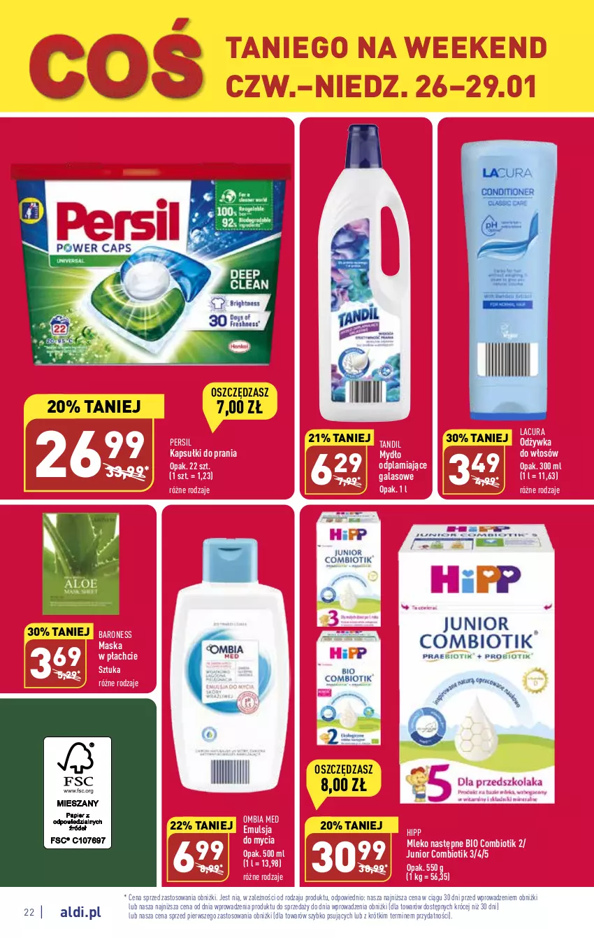 Gazetka promocyjna Aldi - Pełny katalog - ważna 23.01 do 29.01.2023 - strona 22 - produkty: Emulsja, Gala, HiPP, Kapsułki do prania, Maska, Maska w płachcie, Mleko, Mydło, O nas, Odżywka, Persil