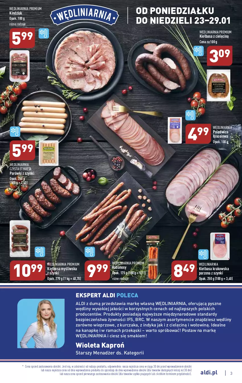 Gazetka promocyjna Aldi - Pełny katalog - ważna 23.01 do 29.01.2023 - strona 3 - produkty: Kabanos, Kiełbasa, Kiełbasa krakowska, Kindziuk, Kurczak, Parówki, Parówki z szynki, Piec, Polędwica, Rama, Sok, Sos