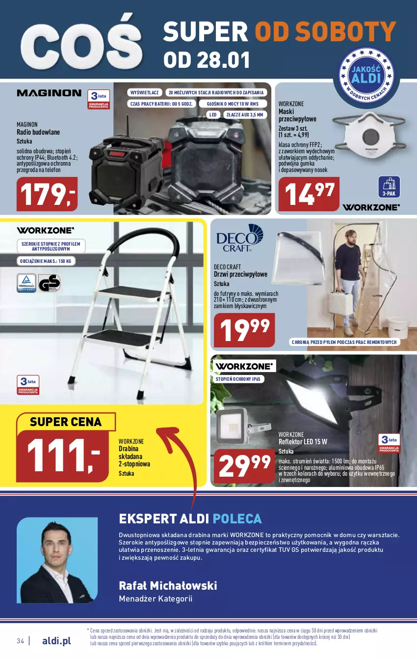 Gazetka promocyjna Aldi - Pełny katalog - ważna 23.01 do 29.01.2023 - strona 34 - produkty: Drabina, Drzwi, Fa, Gin, Głośnik, Piec, Reflektor, Reflektor LED, Rum, Telefon, Top, Zaworki