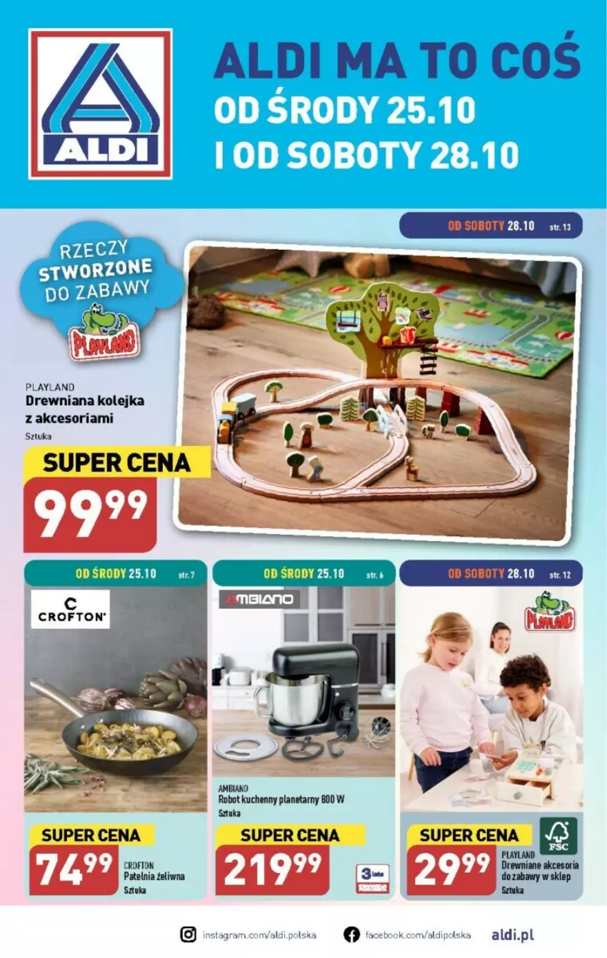 Gazetka promocyjna Aldi - ważna 25.10 do 28.10.2023 - strona 1 - produkty: Drewniana kolejka, Fa, Gra, Kolejka, Olej, Patelnia, Robot