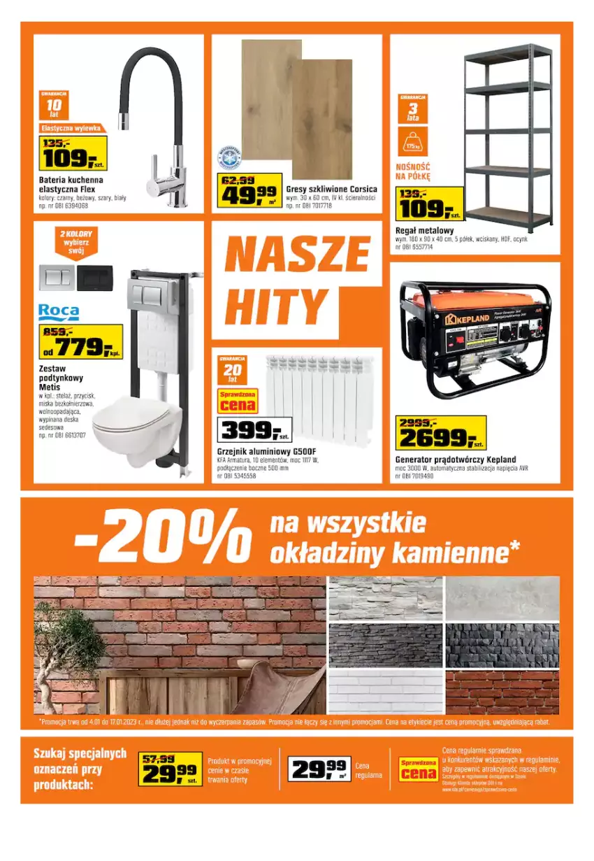 Gazetka promocyjna Obi - Gazetka OBI - ważna 04.01 do 17.01.2023 - strona 12 - produkty: Bateria, Bateria kuchenna, Cynk, Deska sedesowa, Fa, Gres, Grzejnik, Miska, Regał, Regał metalowy