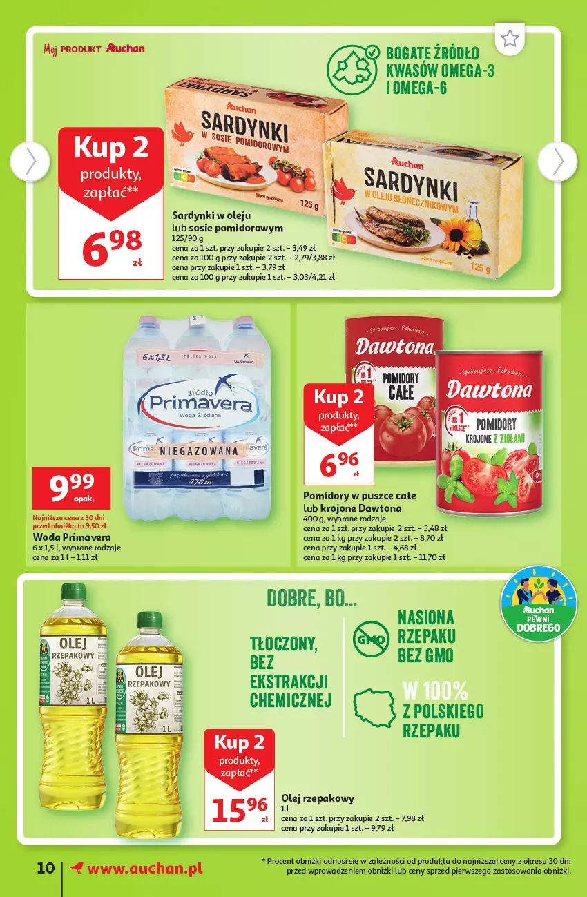 Gazetka promocyjna Auchan - Gazetka Tanie Zakupy Supermarket Auchan - ważna 27.07 do 02.08.2023 - strona 10 - produkty: Dawtona, Olej, Olej rzepakowy, Omega-3, Pomidory, Prima, Primavera, Sardynki, Sos, Woda