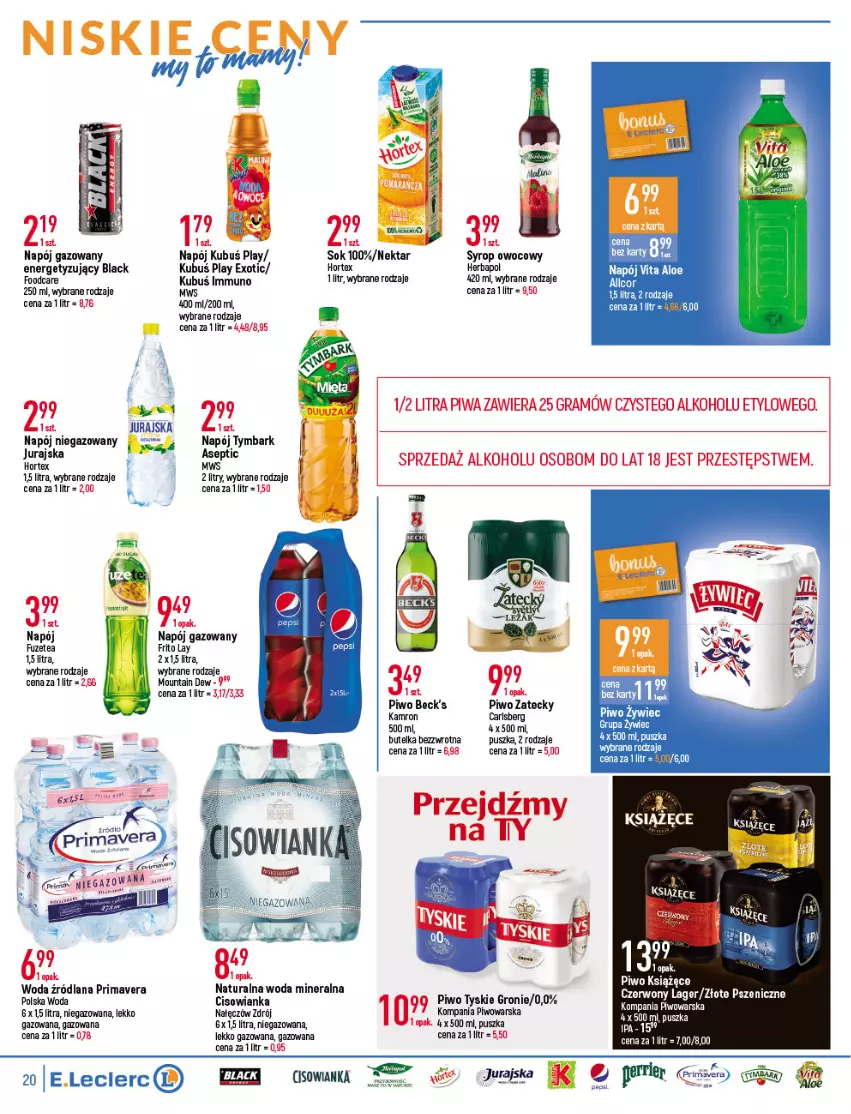 Gazetka promocyjna E Leclerc - ważna 05.10 do 16.10.2021 - strona 20 - produkty: Carlsberg, Cisowianka, Gra, Herbapol, Hortex, Książęce, Kubuś, Lack, LANA, Napój, Napój gazowany, Napój niegazowany, Nektar, Piwa, Piwo, Prima, Primavera, Ser, Sok, Syrop, Top, Tymbark, Tyskie, Woda, Woda mineralna