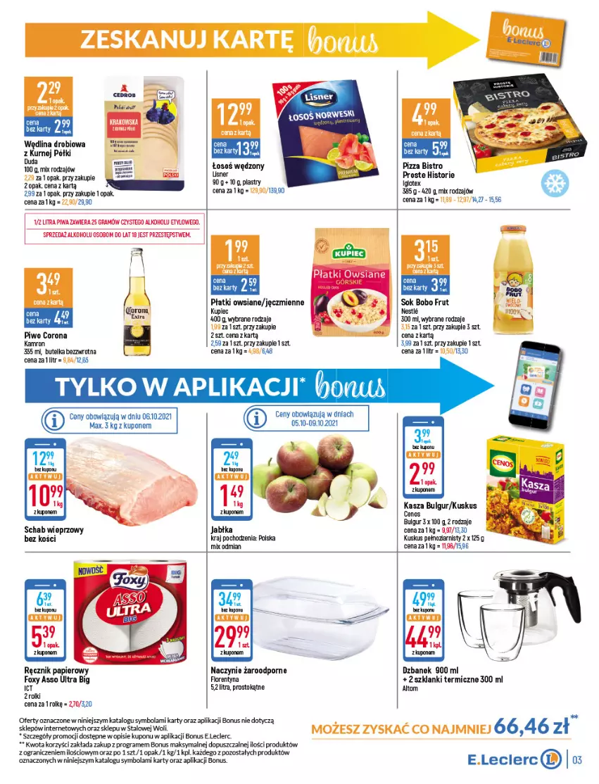 Gazetka promocyjna E Leclerc - ważna 05.10 do 16.10.2021 - strona 3 - produkty: Bulgur, Duda, Dzbanek, Foxy, Gra, Jabłka, Kupiec, Kuskus, Lanki, LG, Lisner, Naczynie żaroodporne, Papier, Piec, Piwa, Piwo, Płatki owsiane, Por, Ręcznik, Rolki, Schab wieprzowy, Sok, Wędlina