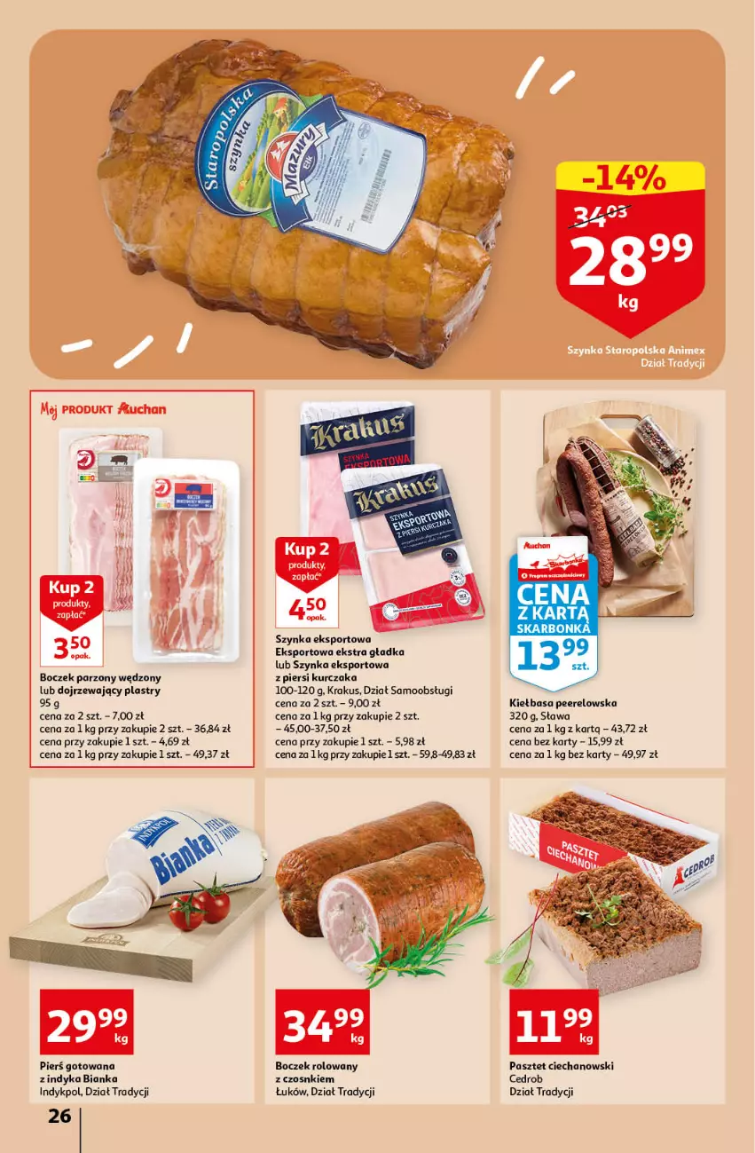 Gazetka promocyjna Auchan - Gazetka Rewelacyjnie małe ceny Auchan Hipermarket - ważna 03.01 do 11.01.2023 - strona 26 - produkty: Bianka, Boczek, Kiełbasa, Krakus, Kurczak, Pasztet, Por, Sport, Szynka