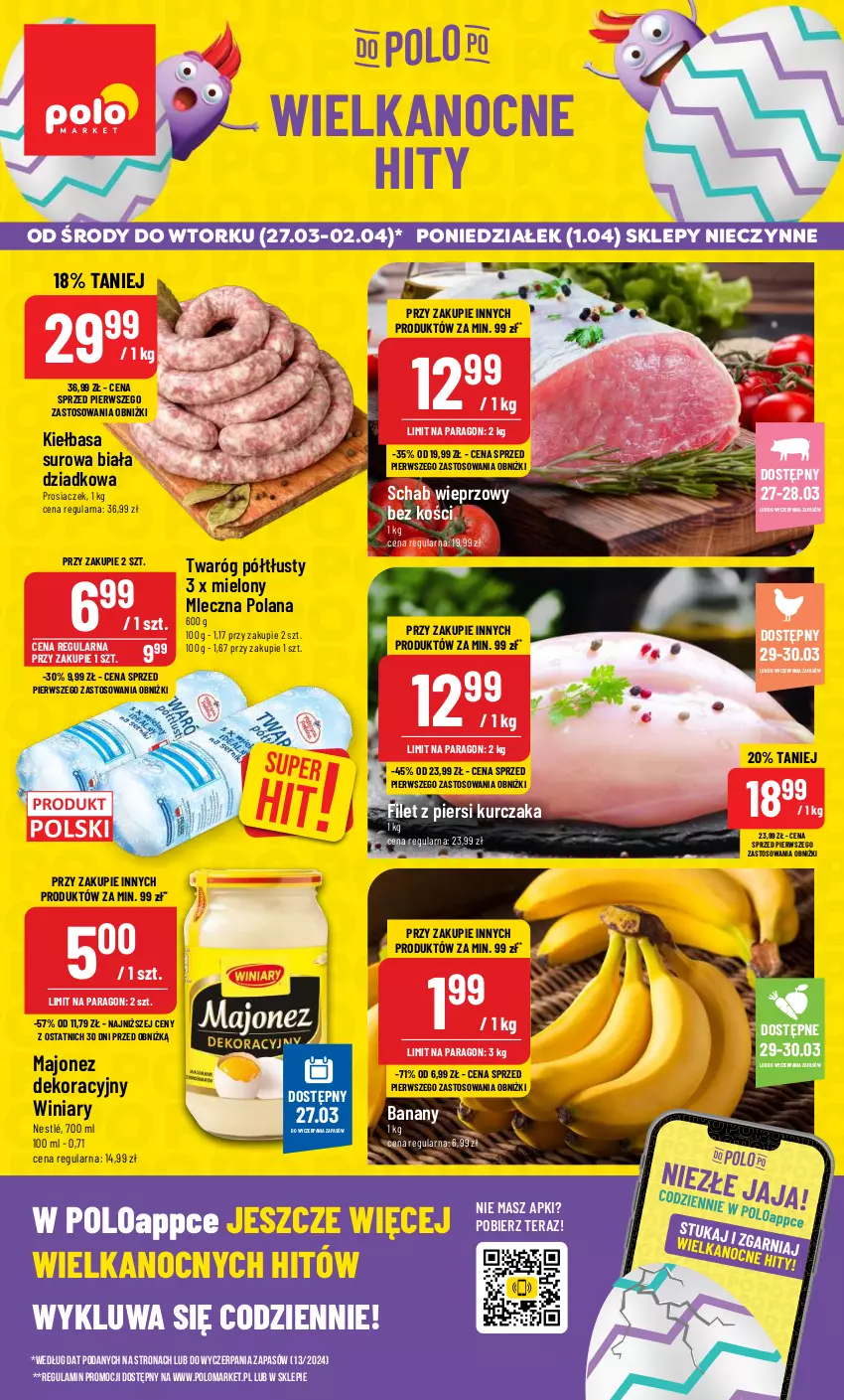 Gazetka promocyjna PoloMarket - Gazetka pomocyjna - ważna 27.03 do 02.04.2024 - strona 1 - produkty: Banany, Filet z piersi kurczaka, Kiełbasa, Kurczak, LANA, Majonez, Nestlé, Schab wieprzowy, Tera, Twaróg, Twaróg półtłusty, Winiary