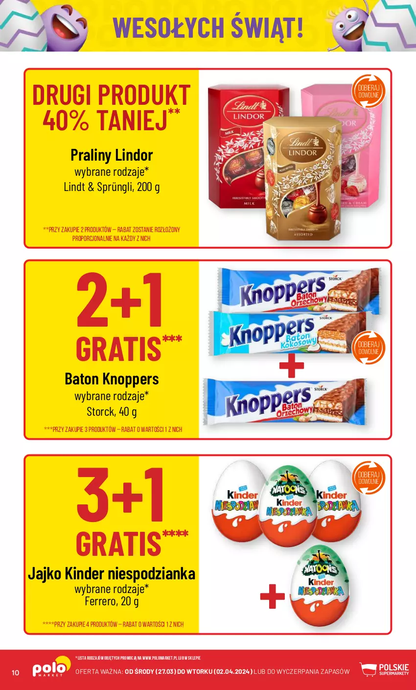 Gazetka promocyjna PoloMarket - Gazetka pomocyjna - ważna 27.03 do 02.04.2024 - strona 10 - produkty: Baton, Ferrero, Gra, Kinder, Knoppers, Lindor, Lindt, Por, Praliny