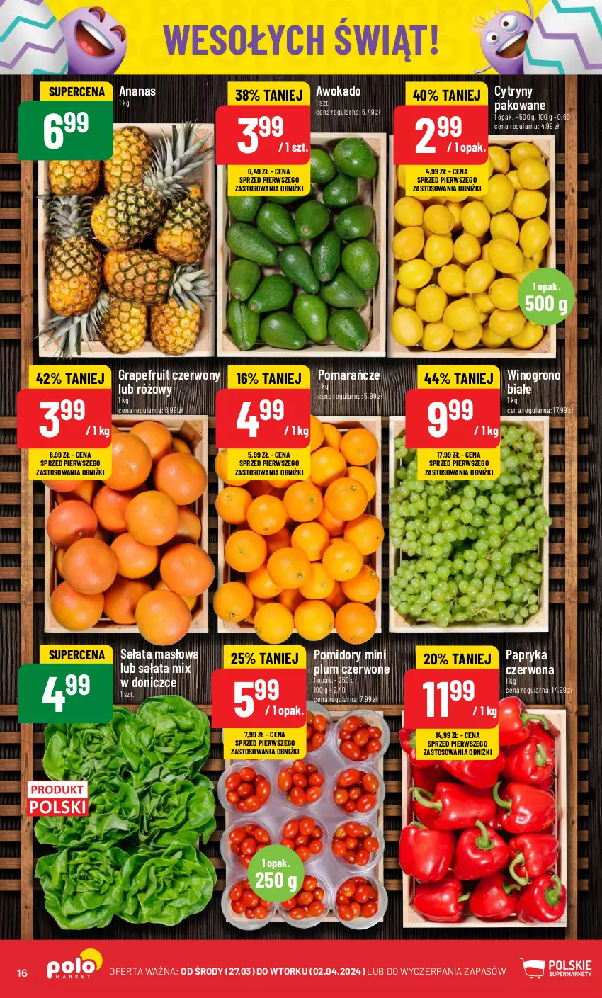 Gazetka promocyjna PoloMarket - Gazetka pomocyjna - ważna 27.03 do 02.04.2024 - strona 16 - produkty: Ananas, Cytryny, Gra, Masło, Papryka, Pomarańcze, Pomidory, Sałat, Sałata masłowa, Wino