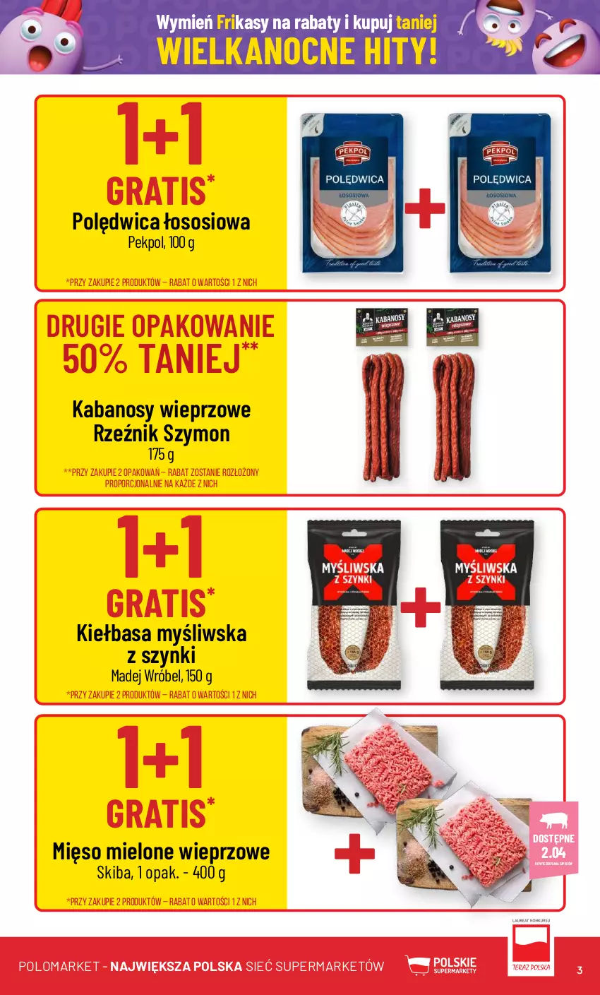 Gazetka promocyjna PoloMarket - Gazetka pomocyjna - ważna 27.03 do 02.04.2024 - strona 3 - produkty: Gra, Kabanos, Kiełbasa, Madej Wróbel, Mięso, Mięso mielone, Pekpol, Polędwica, Por, Sos