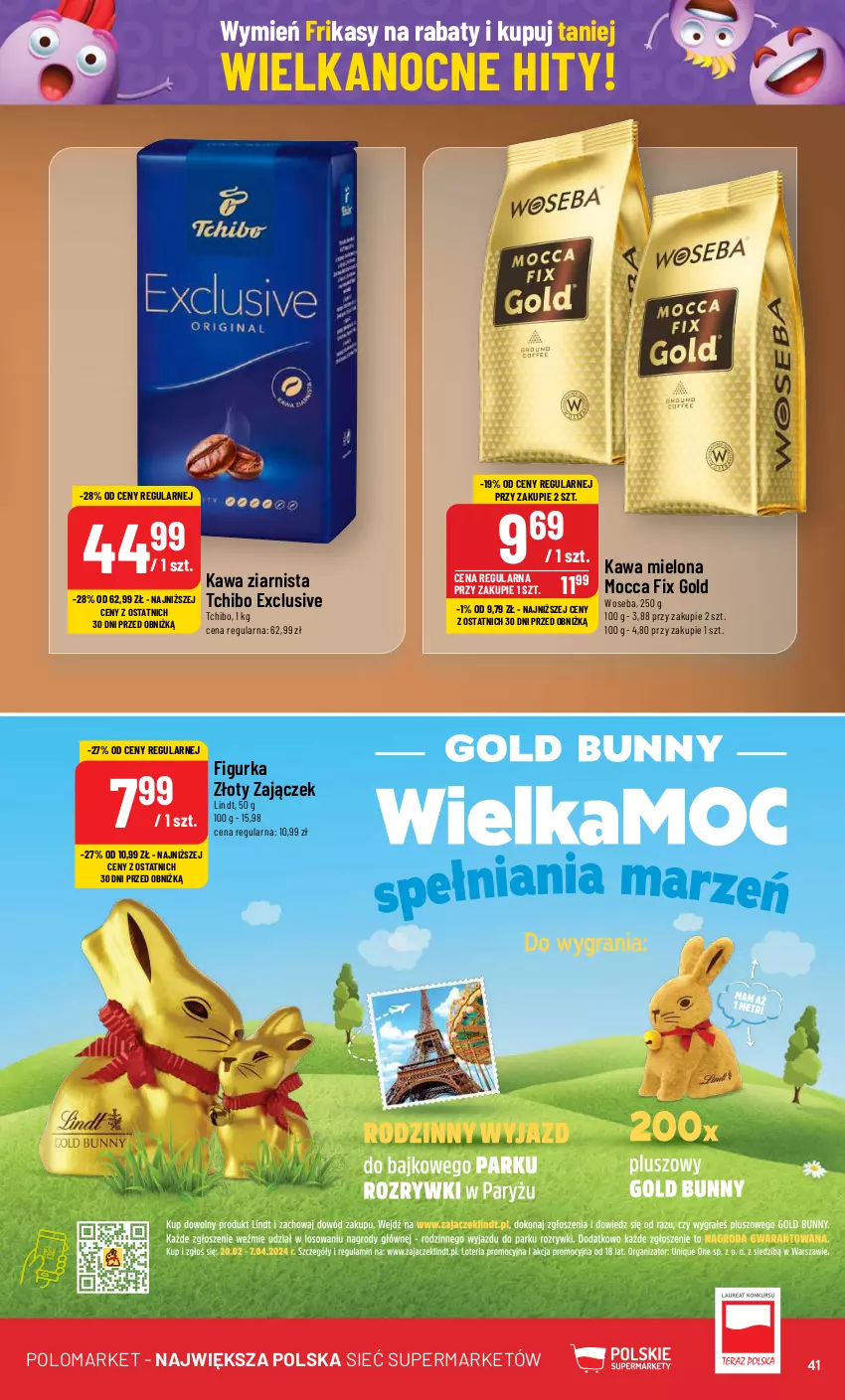 Gazetka promocyjna PoloMarket - Gazetka pomocyjna - ważna 27.03 do 02.04.2024 - strona 41 - produkty: Kawa, Kawa mielona, Kawa ziarnista, Lindt, Mocca Fix Gold, Tchibo, Woseba