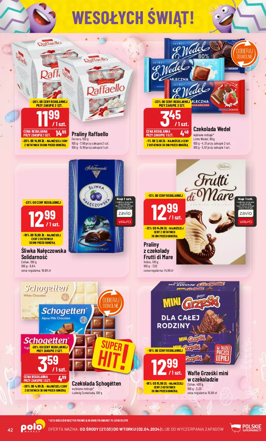 Gazetka promocyjna PoloMarket - Gazetka pomocyjna - ważna 27.03 do 02.04.2024 - strona 42 - produkty: Czekolada, Fa, Ferrero, Grześki, Praliny, Raffaello, Schogetten, Wafle