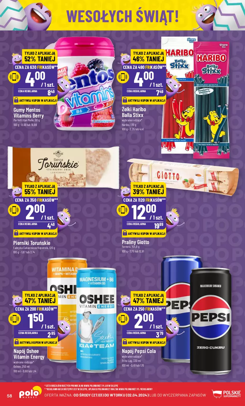 Gazetka promocyjna PoloMarket - Gazetka pomocyjna - ważna 27.03 do 02.04.2024 - strona 58 - produkty: Cukier, Fa, Ferrero, Haribo, Mentos, Napój, Oshee, Pepsi, Piernik, Praliny